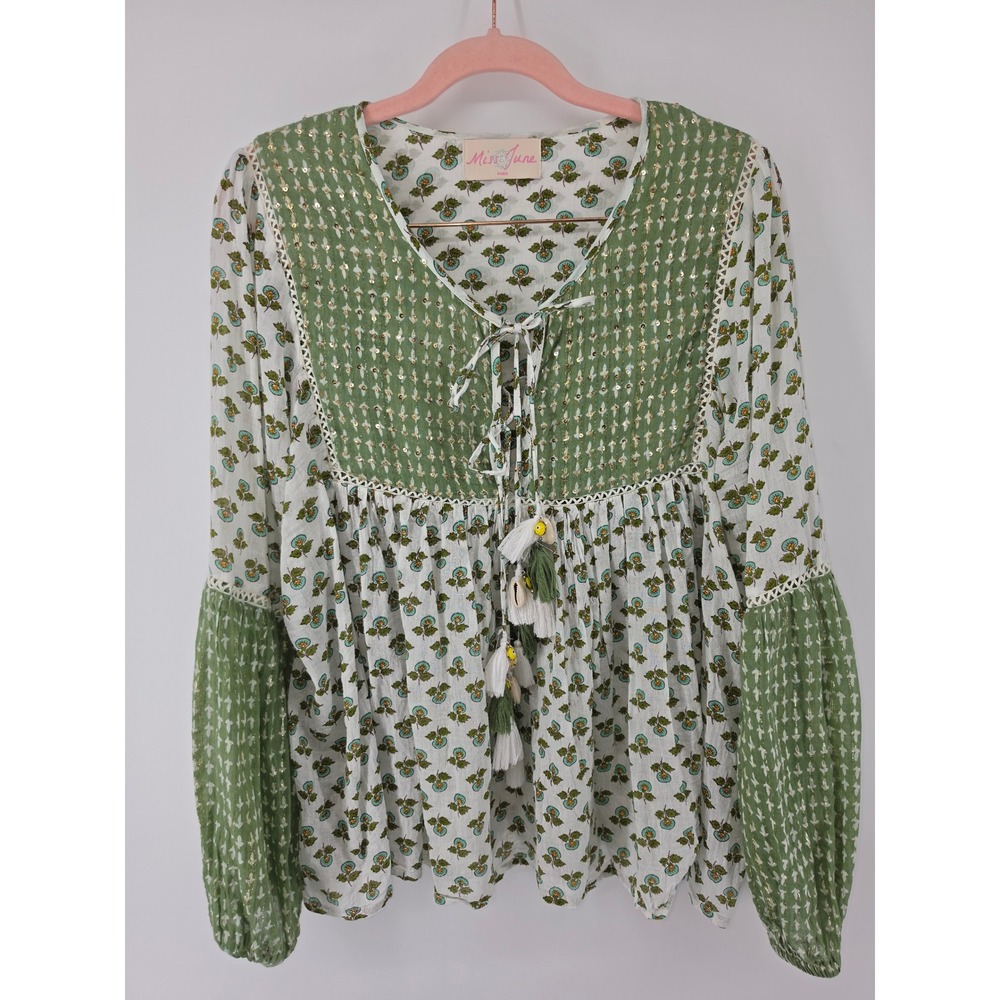 Miss June Paris Green Floral Boho Cotton Tassel Shell Blouse Top One Size
